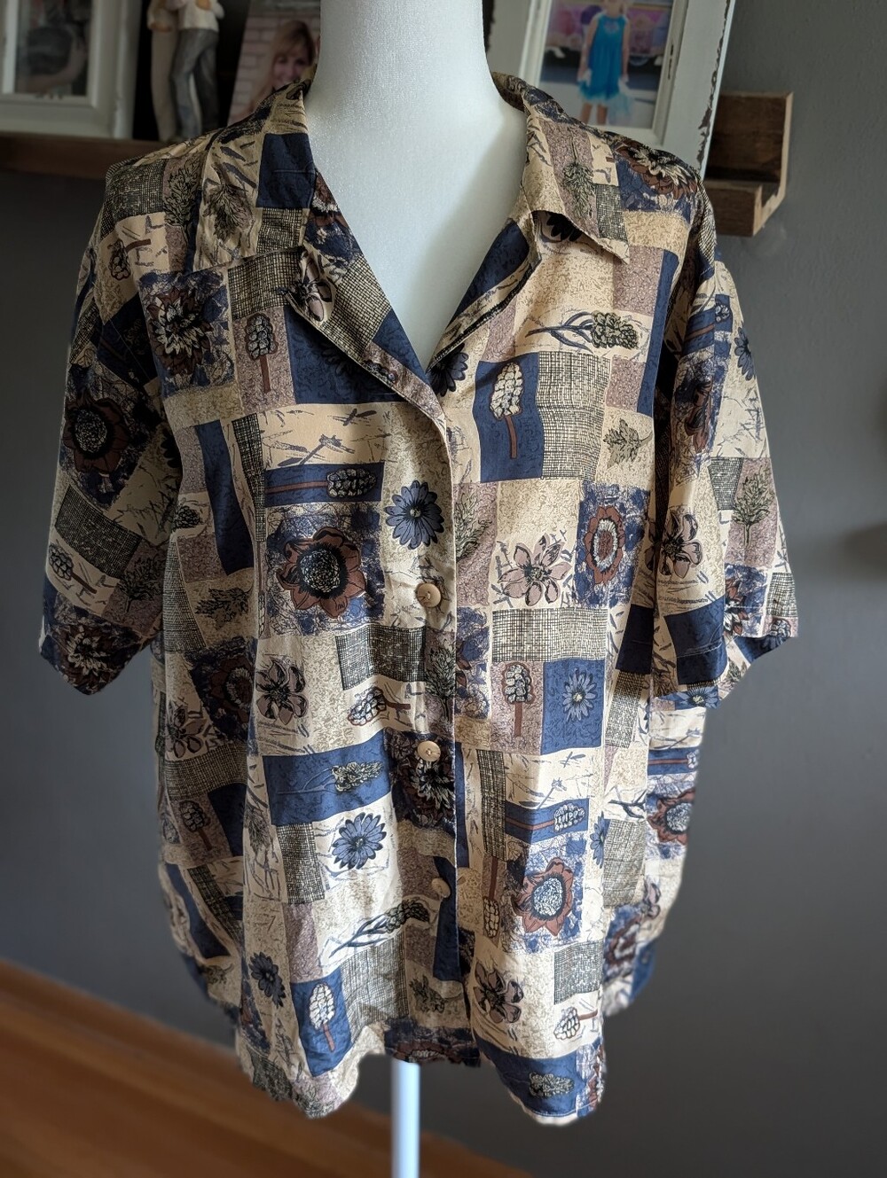 Vintage Stunt 100% Silk Patchwork Floral Button Down Shirt 1X